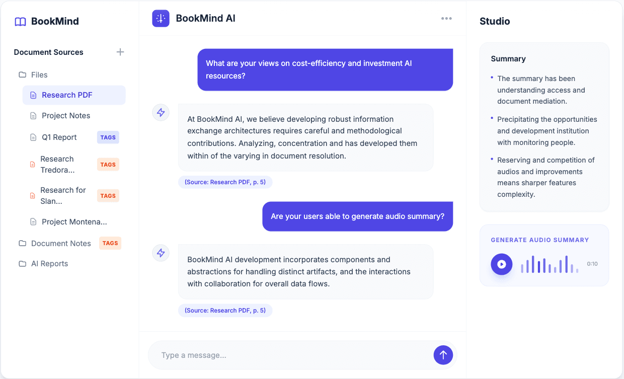 BookMind app interface showing a document library alongside an AI chat panel
